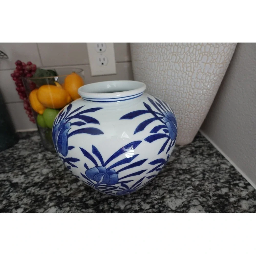 Blue and White Floral Ceramic Vase Round Decorative Accent Vase